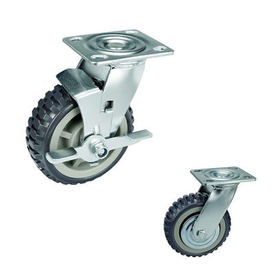 6 Inch Side Brake Heavy Duty Casters Grey PVC Wheel Ball Bearing Swivel Plate Knobby Tread